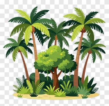 Tropical Jungle Scene With Palm Trees And Green Foliage PNG