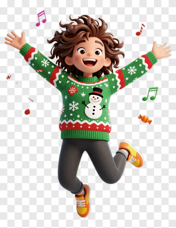 Happy Child Jumping In A Christmas Sweater PNG
