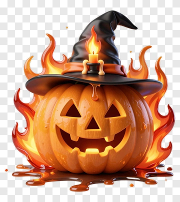 Halloween Pumpkin With A Witch Hat And Flames PNG