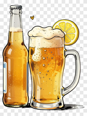 Beer Bottle And Glass With Lemon Slice PNG
