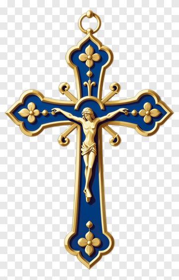Crucifix With Blue Background And Golden Details PNG