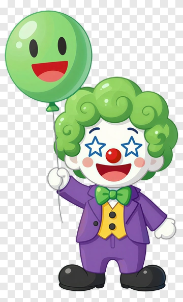 Cartoon Clown Holding A Green Balloon PNG