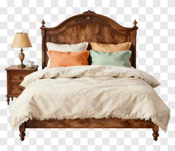 Wooden Bed With Colorful Pillows And Nightstand PNG