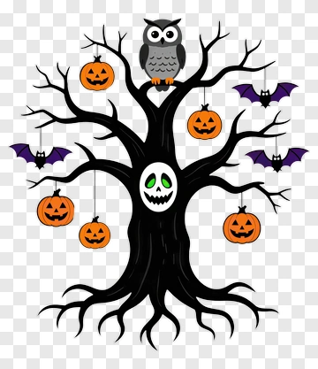 Halloween Tree With Pumpkins And Bats PNG