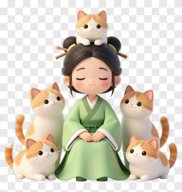 Cartoon Girl Surrounded By Cats PNG