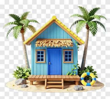 Tropical Beach House With Palm Trees PNG