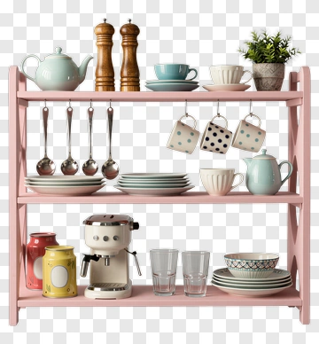 Colorful Kitchen Shelf With Teapot And Coffee Maker PNG