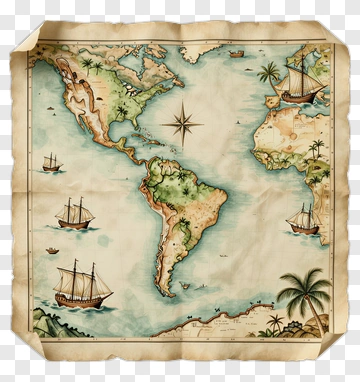 Vintage World Map With Ships And Compass Rose PNG