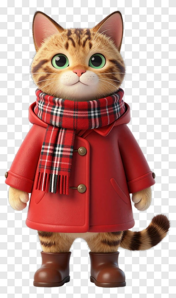 3D Cat Wearing A Red Coat And Scarf PNG