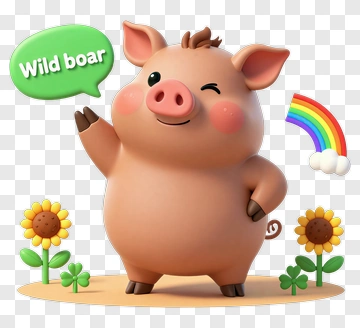 Cartoon Wild Boar Waving With Flowers And Rainbow PNG