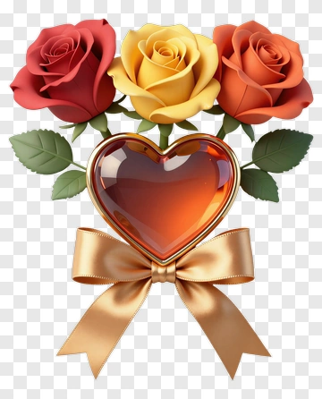 Colorful Roses With A Heart And Ribbon PNG