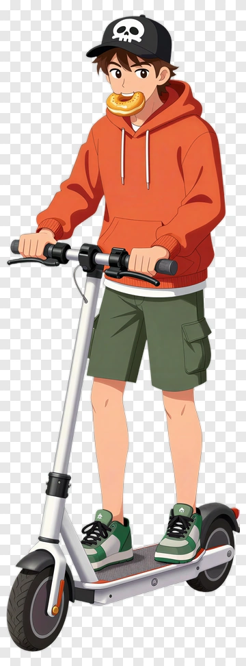 Cartoon Boy Riding A Scooter With A Donut PNG