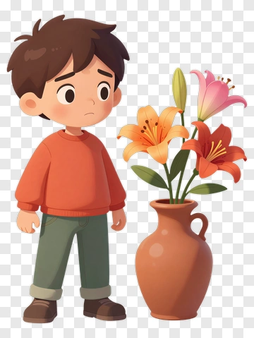Cartoon Boy Standing Beside A Flower Vase PNG