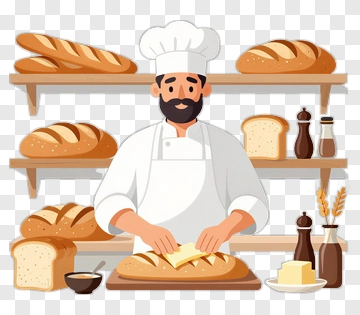 Cartoon Baker Slicing Bread In A Bakery PNG