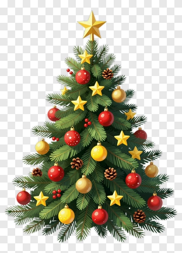 Colorful Christmas Tree With Ornaments And Stars PNG