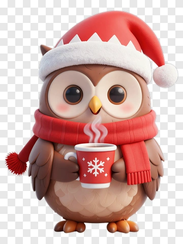 Cartoon Owl Wearing A Santa Hat Holding A Coffee Cup PNG
