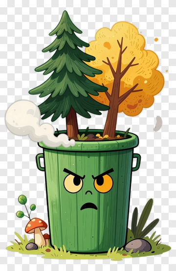 Angry Trash Can With Trees And Mushrooms PNG