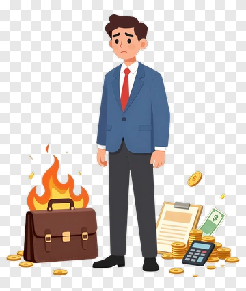 Worried Businessman Standing Beside Burning Briefcase PNG