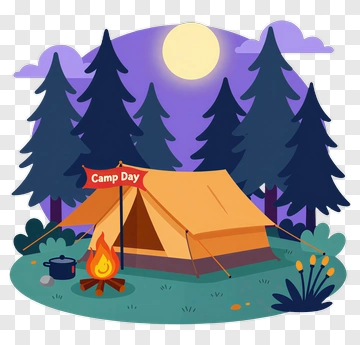 Cartoon Camping Scene With Tent And Campfire PNG