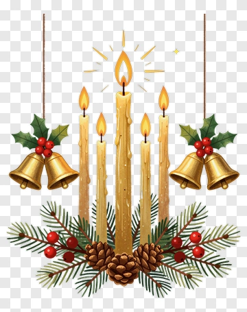 Christmas Candle Arrangement With Bells And Pine PNG
