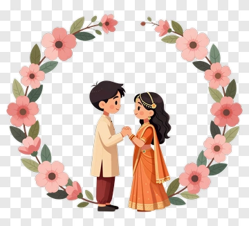 Happy Couple Holding Hands In Floral Wreath PNG