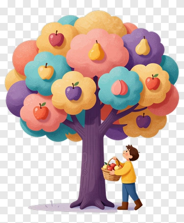 Colorful Tree With Fruits And A Child Holding A Basket PNG