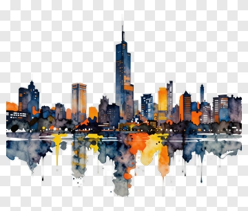 Watercolor City Skyline Reflection PNG