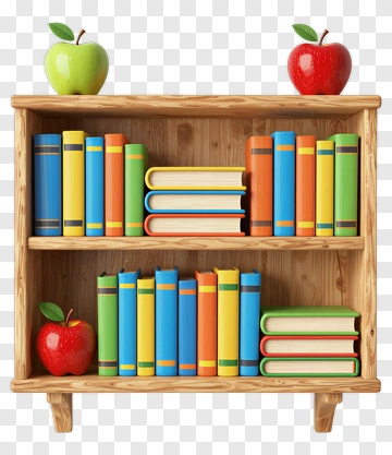Colorful Bookshelf With Apples PNG