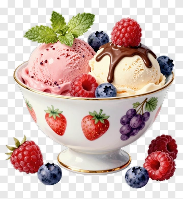 Ice Cream Bowl With Raspberries And Blueberries PNG