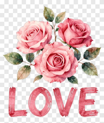 Watercolor Roses With Love Text PNG