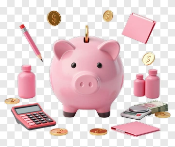 Pink Piggy Bank Surrounded By Money And Financial Tools PNG