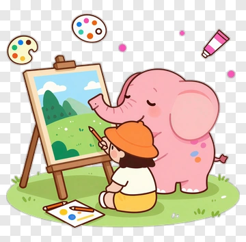 Child Painting With A Cartoon Elephant PNG