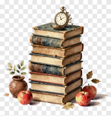 Stack Of Vintage Books With Apples And Clock PNG