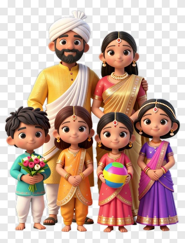 Family In Traditional Indian Attire Holding Festive Items PNG