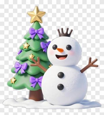 Cartoon Snowman Next To A Christmas Tree PNG