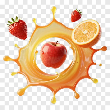 Juicy Apple Surrounded By Splashing Orange And Strawberries PNG