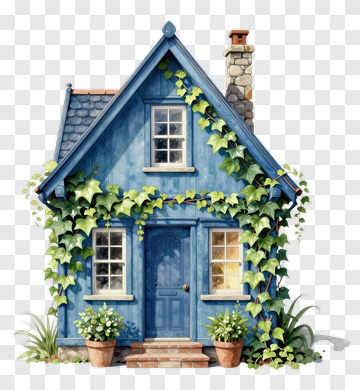 Blue House Surrounded By Green Ivy PNG
