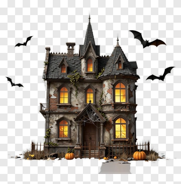 Haunted House With Pumpkins And Bats PNG