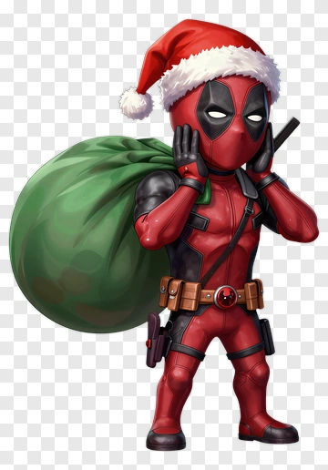 Deadpool Wearing A Christmas Hat And Holding A Bag PNG