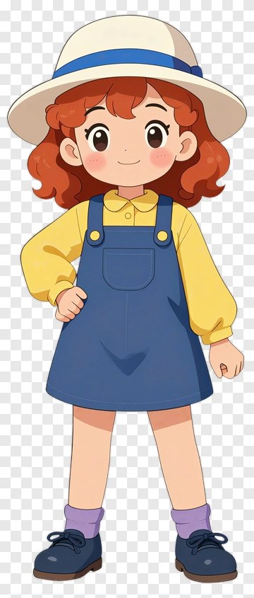 Cartoon Girl Wearing A Hat And Overalls PNG