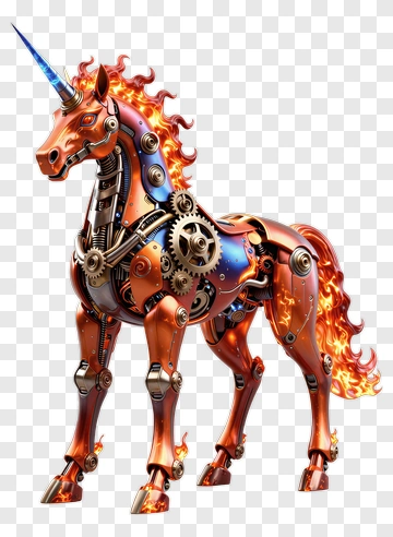 Mechanical Unicorn With Fiery Mane PNG