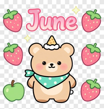 Cute Bear With Strawberries And June Text PNG
