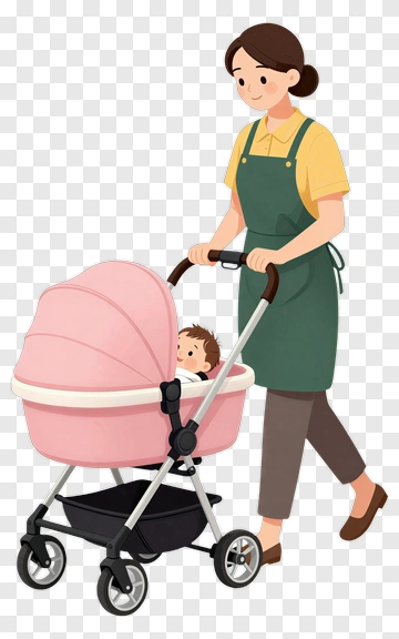 Woman Pushing A Baby Stroller PNG