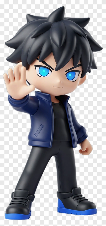 3D Character With Blue Eyes And Black Jacket PNG