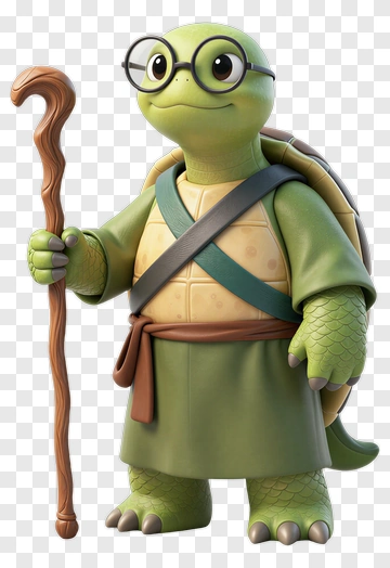 Cartoon Turtle With Walking Stick PNG