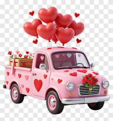 Pink Pickup Truck With Heart Balloons And Flowers PNG