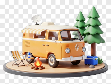 3D Camper Van With Campfire And Pine Trees PNG