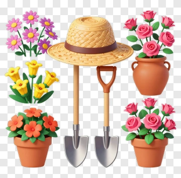 Gardening Tools And Flower Pots PNG