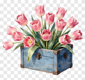 Pink Tulips In A Wooden Box PNG