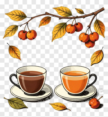 Illustration Of Two Tea Cups With Autumn Leaves PNG